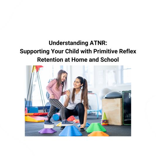 Young girl engaging in a physical therapy activity with a supportive therapist, working on balance and coordination as part of ATNR (Asymmetrical Tonic Neck Reflex) support.